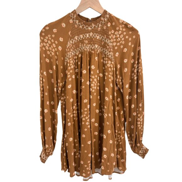 Free People Flowers in Her Hair Smocked Long Sleeve Tunic Boho Mini Dress XS - Picture 3 of 13